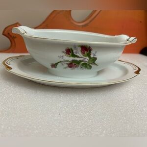 Vintage Moss Rose Gravy Sauce Boat with attached under plate Thames China Japan